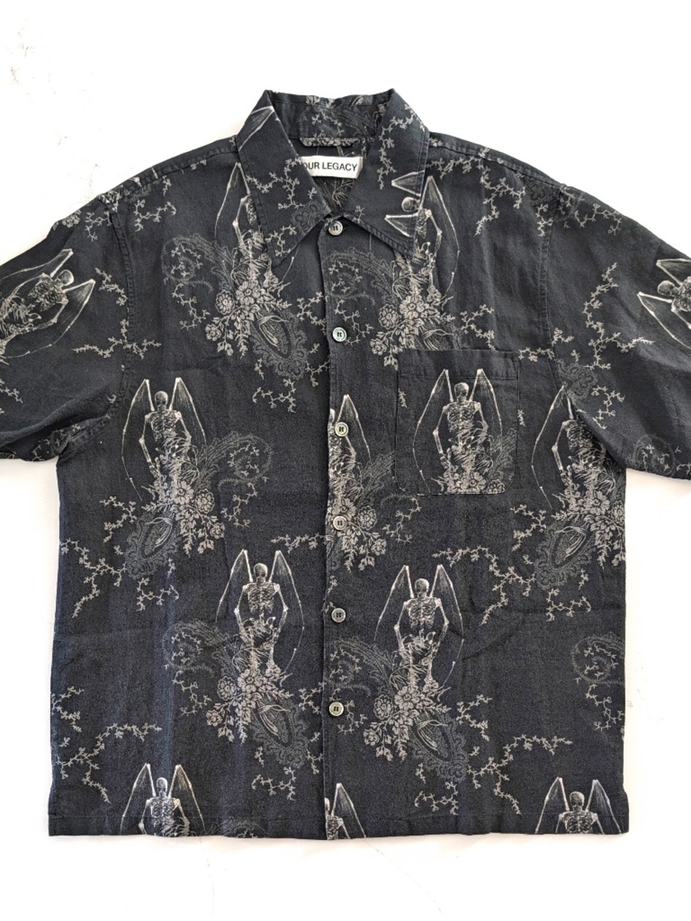 OUR LEGACY Every Shirt Short Sleeve Death Paisley Black Linen Cotton Size 52 XL